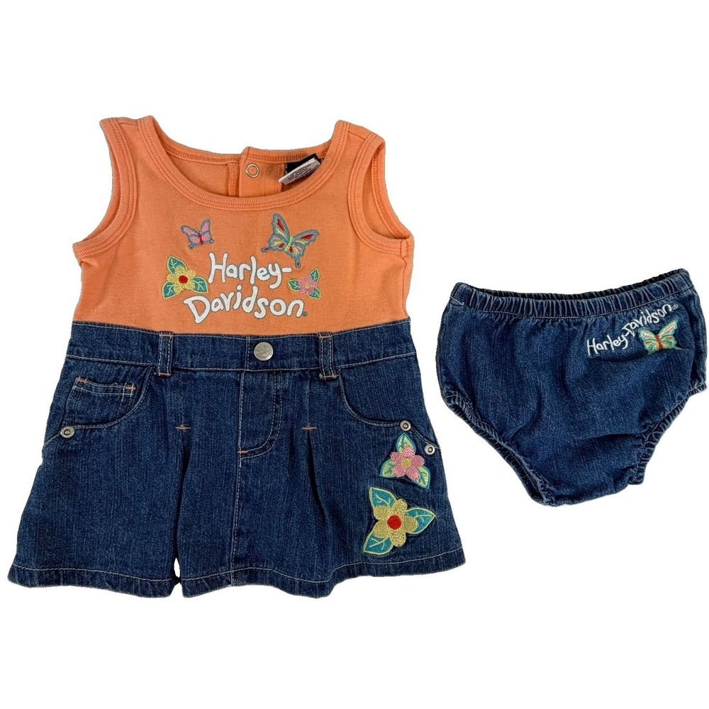 Harley Davidson Infant Girls 2pc Set 12M Orange Tank Denim Bloomers Outfit Y2K